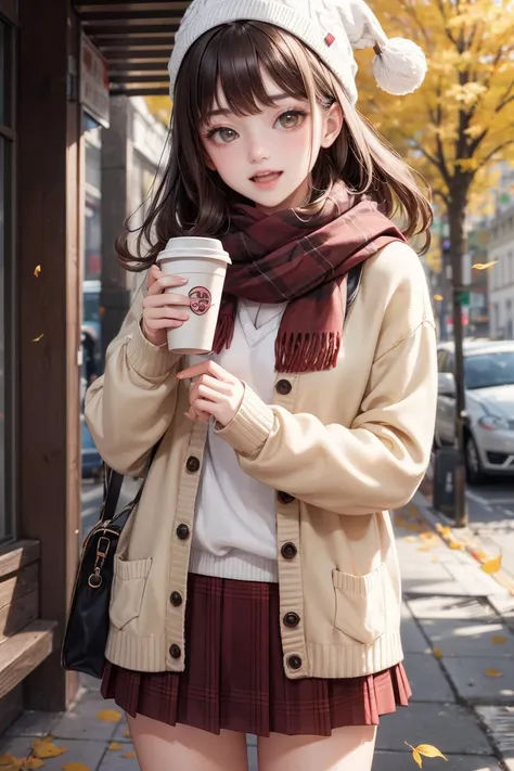 <lora:GoodHands-vanilla:1>,extremely detailed, intricate, masterpiece, absurdres,1girl, (\:d:1.0) autumn leaves, chibi,bangs, black headwear, blurry background, blush, brown eyes, brown hair, brown scarf, brown skirt, cardigan, cowboy shot, disposable cup, falling leaves, beanie, holding, holding coffee, leaf, long hair, long sleeves, looking at viewer, open cardigan, open mouth, plaid skirt, puffy long sleeves, red sweater, scarf, shirt tucked in, sidelocks, skirt, smile, solo, sweater, white shirt, <lora:more_details:0.3>