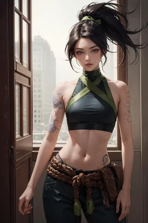 <lora:GoodHands-vanilla:1>,(masterpiece, best quality:1.2),intricate details,<lora:lol_akali-000012:1>,akali,1girl,crop top,pants,hair ribbon,bare shoulders,ponytail,tattoo,black hair,