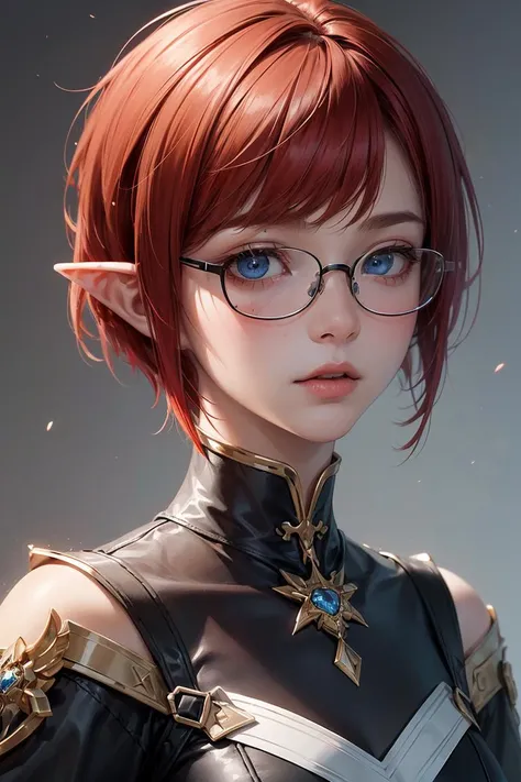 <lora:GoodHands-vanilla:1>,(masterpiece, best quality:1.4)(((headshot))) (((Masterpiece))),best quality,ultra-detailed CG unity 8k wallpaper (1girl:1.3) androgynous female (short red pixie cut hair:1.3) (blue eyes) (black glasses) elf ears,<lora:more_details:0.3>,