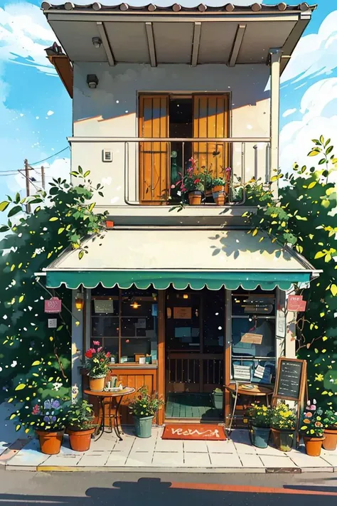 JZCG021,Flower store,coffee spot,tables,chairs,no one,windows,flowers,plants,potted plants,watercolor (medium),landscapes,doors,air conditioning,paintings (medium),traditional media,houses,outdoors,balconies,architecture,masterpiece,best quality,high quality,<lora:JZCG021-Comic building:0.8>,Botanical,, masterpiece,best quality,high quality, <lora:GoodHands-vanilla:1>,