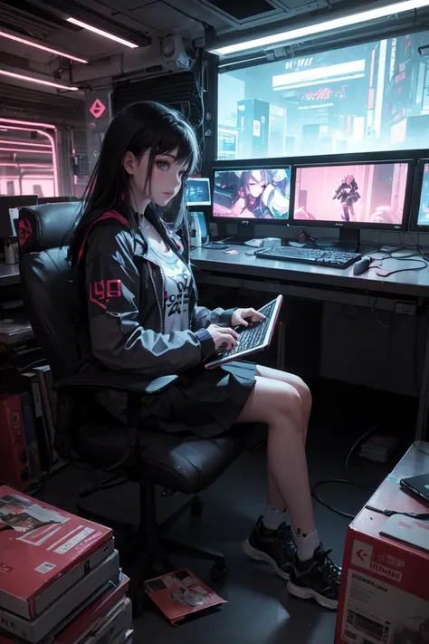 photo of a cute goth girl,hacker,sit a desk,working at pc,skirt,clutter metro,night,neon lights,nerd outfit,cinematic,cyberpunk,clutter large room,cables,