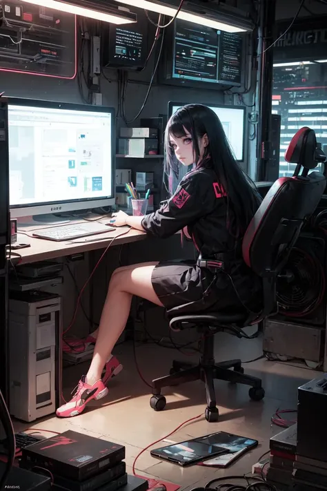 photo of a cute goth girl,hacker,sit a desk,working at pc,skirt,clutter metro,night,neon lights,nerd outfit,cinematic,cyberpunk,clutter large room,cables,