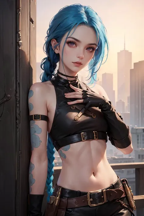 JinxLol,mature female,1girl,solo,looking at viewer,navel,gloves,fingerless gloves,character name,midriff,bare shoulders,looking at viewer,gun,crop top,belt,outdoors,<lora:JinxLol:0.8>,