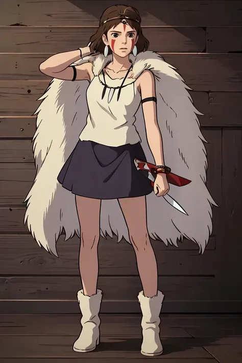<lora:PrincessMononoke001:0.6>, PMsun,1girl, brown hair,facepaint, mask on head,fur,headband,earrings, tooth necklace, collarbone,bare shoulders,bare arms,armband,fur cape, shirt, black skirt, boots, holding knife,reverse grip, full body,