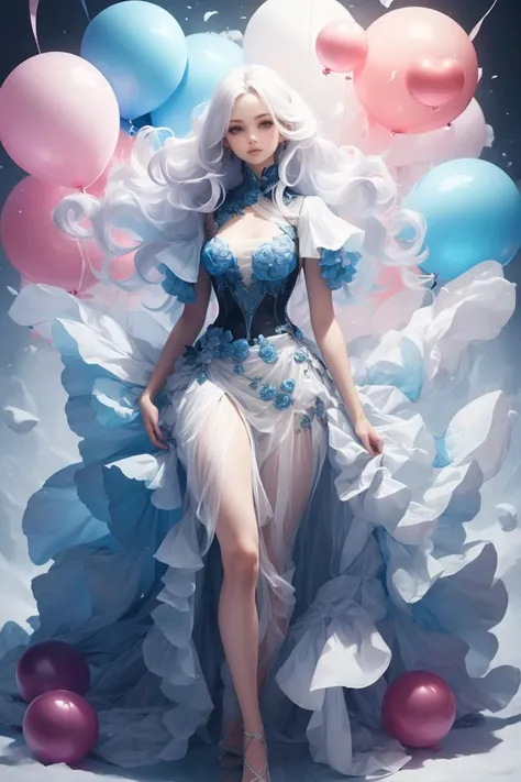 masterpiece,best quality,ultra-detailed,1girl,balloon,dress,long white hair,md colorful,full body,<lora:md:0.8>,rainbow theme,