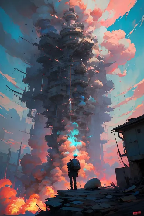 A person stands in front of a house looking at a huge floating milkshake, with apocalyptic art style, realistic genre scenes, colorful explosions, American tones, surrealist portraits, mushroom nuclei, explosive wildlife,Acrylic <lora:å
¨ç½é¦å丨ä¸ç¯æå¹³æç»_v1.0:0.8>