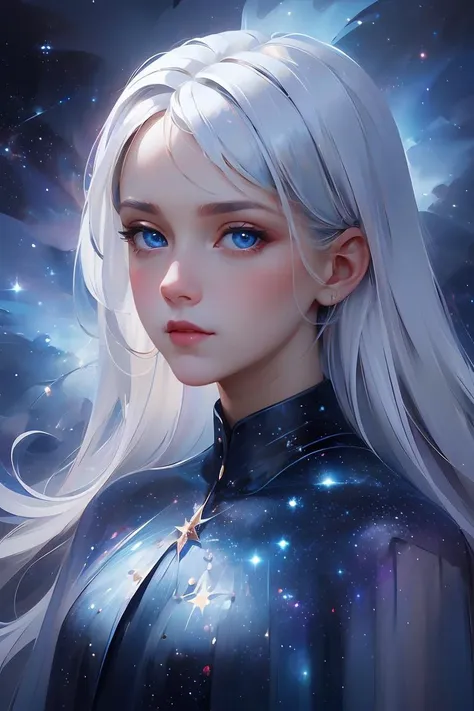 A young girl's flowing hair has milky white hair,and her vibrant blue eyes reflect the distant galaxy. Her face is beautifully painted in the ethereal style of Amelio Modigliani. This beauty of the universe is presented in 8K <lora:é¦åä¸¨æç»å¥³å­©_v1.0:0.8>