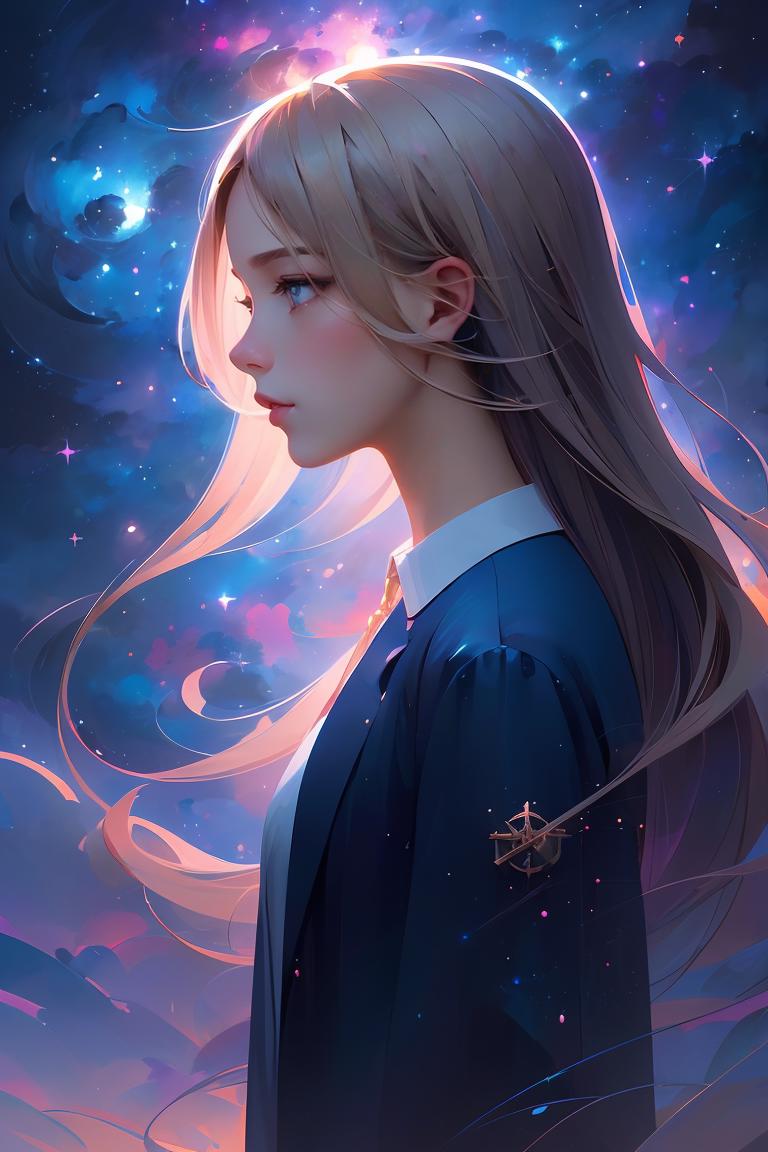 A girl with long hair and a blue jacket looking at the stars - SeaArt AI
