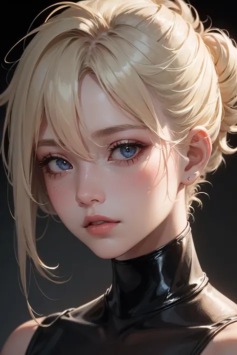 best quality,high detail,(detailed face),a 20 yo woman,blonde,(hi-top fade:1.3),dark theme,soothing tones,muted colors,high contrast,(natural skin texture, hyperrealism, soft light, sharp),<lora:GoodHands-vanilla:1>,