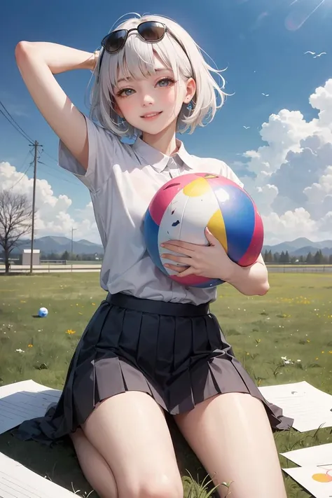 character:ball,(3:1),extremely detailed CG unity 8k wallpaper,(best quality),((ultra-detailed)),(masterpiece),(high resolution),cute,white paper shirt,((beautiful gray detail eyes)),hair star,white paper detail pleated skirt,short hair,white hair,(pleated paper ball on head),(hoing on paper ball),blue sky,[smile face on round wrinkle paper ball on ground],jitome,heavy snowy,grassland,blush stickers,