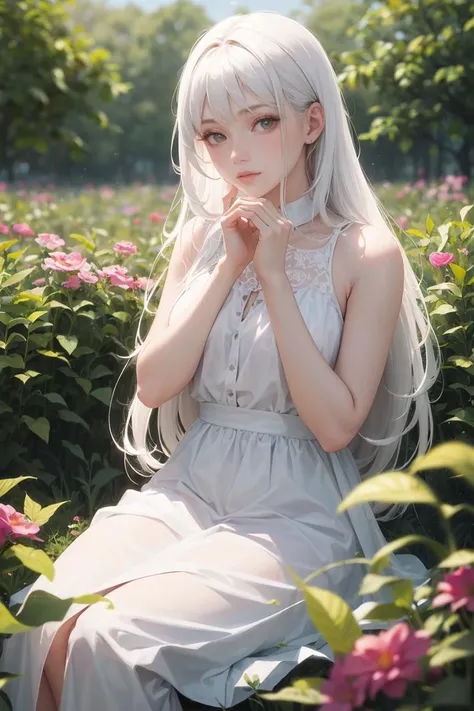 (masterpiece, best quality),1girl with long white hair sitting in a field of green plants and flowers,her hand under her chin,warm lighting,white dress,blurry foreground,