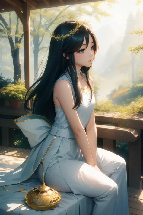 1girl, (fantasy art designed by Temmie Chang:1.3) , mundane Cosplay Photograph, behance, landscape of a ([Forest|Sarakiniko]:1.3) in the distance there is a Kigali, it is very Alhambresque and Cloudy, clean, soap bubbles, iridescent dense forest with Ginkgo, Snowing, Cel shading, Light, Cryptidcore, Sun Rays, film grain, Sony A9 II, F/2.8, Monochromatic deep green filter, Instagram, Ribbons, adobe lightroom, masterpiece, female