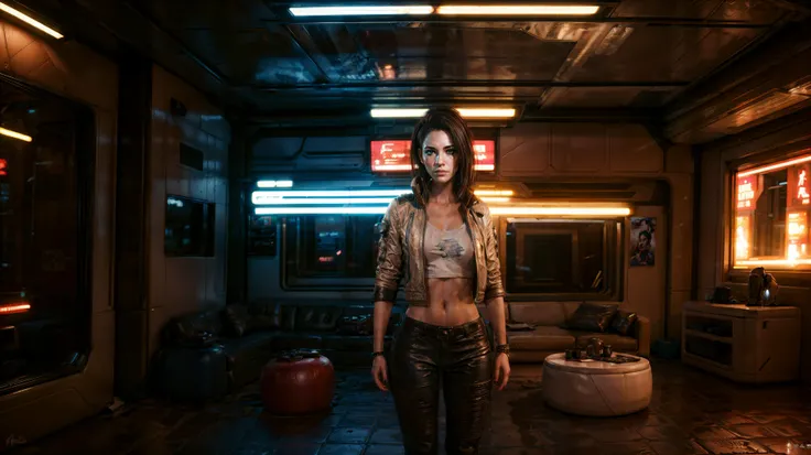 ((portrait shot)) a photo of 2077v <lora:2077V:0.6>, a woman, (leather pants) ,leather jacket, white shirt, living room, large window, downtown view, cyberpunk city, neon lights, neon trim, (high quality, best quality, hi res), (ultimate photoreal Concept Art), <lora:cyberpunk2077ConceptArt_nightcityV115:0.7> <lora:add_detail:1.3>