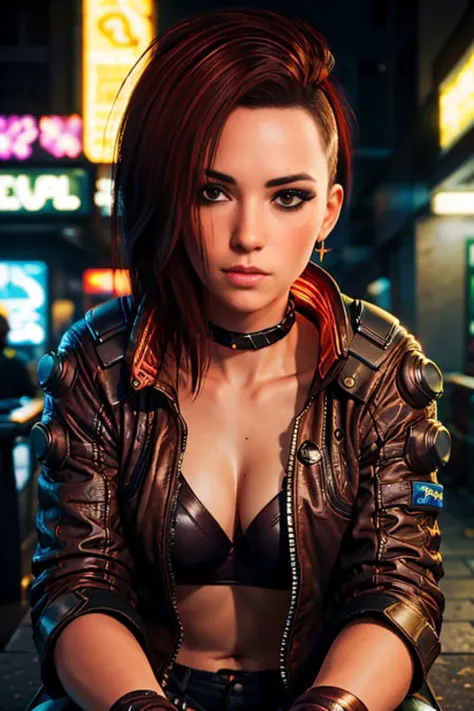 <lora:2077V:0.6> ((portrait shot)) a photo of a woman, Leather jacket, Neon collar, (face_freckles:1.1), crouching, 4k, high-res, masterpiece, best quality, (head:1.3), finely detailed skin,