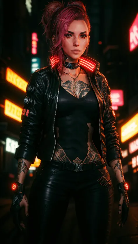 2077v, cyberpunk woman wearing neon jacket collar cyberpunk hi-tech (bodysuit:1.2) leather jeans tattoos, neon lights,corporate logos, cyberpunk city,<lora:2077V:0.6>