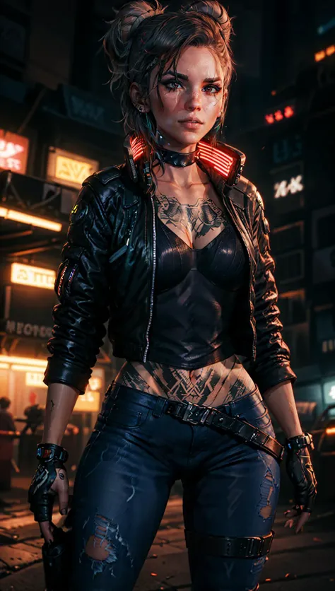 2077v wearing neon jacket collar cyberpunk hi-tech (bodysuit:1.2) leather jeans tattoos, neon lights,<lora:2077V:0.6>