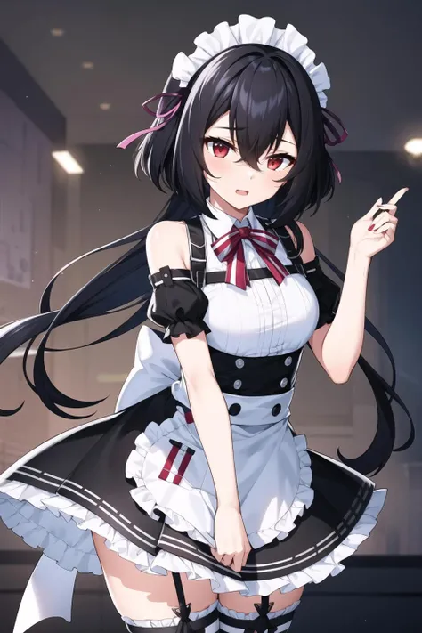 1girl, bare shoulders , black hair, hair between eyes, long hair, red eyes, lily,
maid, maid headdress, thighhighs,
<lora:lily_anythingv1:0.65>