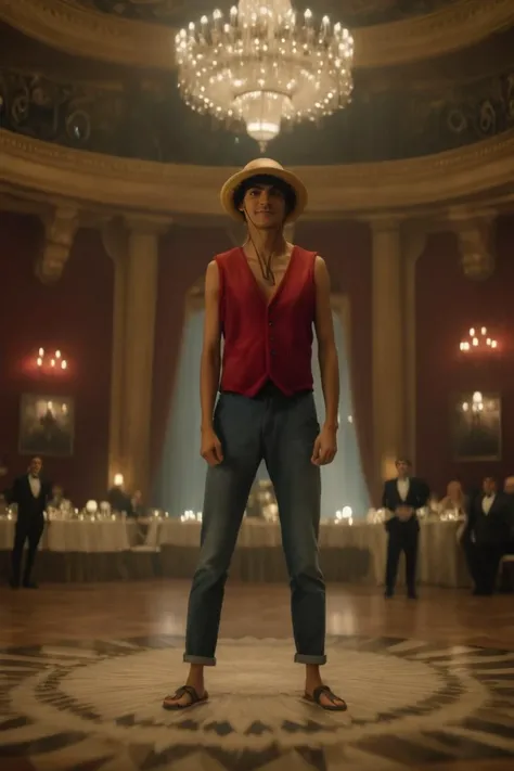 cinematic film still luffy elevating at a grand ballroom adorned with crystal chandeliers, casting a sparkling glow, highly detailed background, full body portrait <lora:One_Piece_XL:0.8> . shallow depth of field, vignette, highly detailed, high budget Hollywood by luca guadagnino, bokeh, cinemascope, moody, epic, gorgeous, film grain, grainy