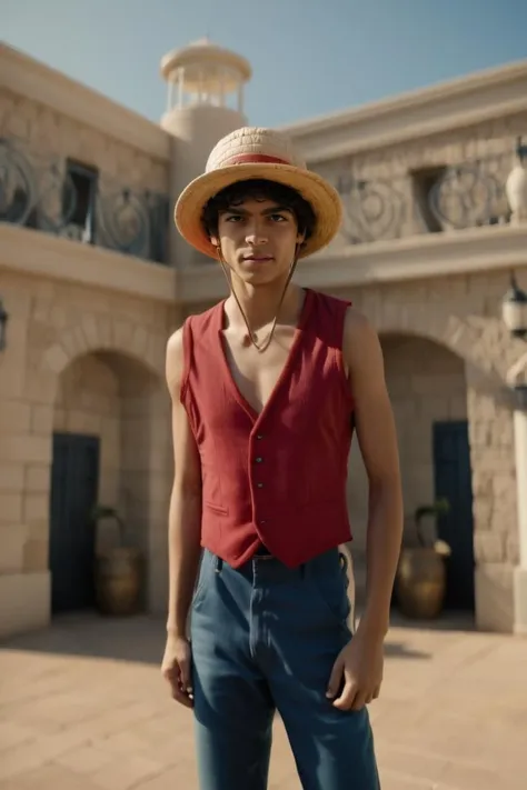 A man in a straw hat standing in front of a building - SeaArt AI