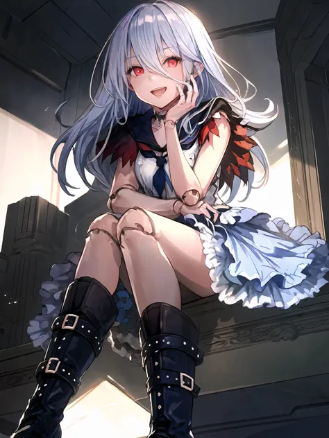 masterpiece,best quality,highres,cinematic lighting,dramatic angle,<lora:ZweiV2-000029:0.8>,1girl,silver hair,long hair,red eyes,sailor collar,white dress,frills,blue skirt,capelet,doll joints,glowing eyes,shaded face,from below,one around own chest,one hand on own cheek,:d,holding frog stuffed toy,black background,boots