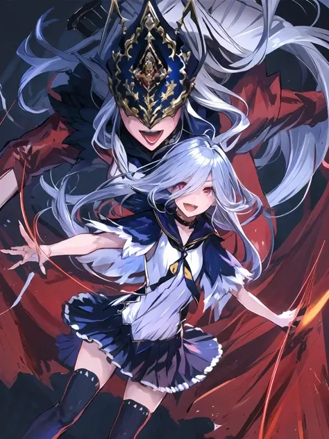 masterpiece,best quality,highres,cinematic lighting,dramatic angle,2girls,<lora:ZweiV3-000030:0.8>,1girl with silver long hair and red eyes and white dress and blue skirt and capelet and sailor collar and thighhighs along with her marionette called Victoria with red dress and mask and covered eyes and claws,1other,1 marionette,:d,empty eyes,shaded face,crazy, yandere,puppet strings,looking at viewer,black background,magic