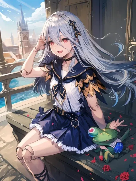 masterpiece,best quality,highres,cinematic lighting,dramatic angle,<lora:ZweiV3-000030:0.8:lbw=jiangshi3>,1girl,silver hair,long hair,red eyes,ahoge,sailor collar,white 
 sleeveless shirt,frills,blue skirt,capelet,choker,rose,belt,ribbon,doll joints,happy,smile,holding frog stuffed toy,gothic architecture,depth of field,blue sky,petals,one hand over head,outdoors,sitting,from above