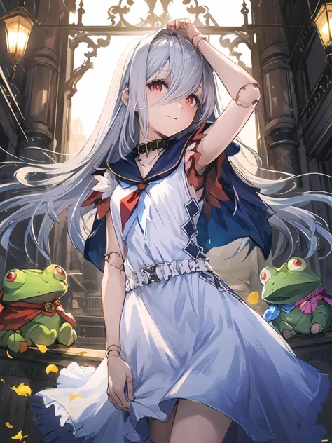 masterpiece,best quality,highres,cinematic lighting,dramatic angle,<lora:ZweiV3-000030:0.8:lbw=jiangshi3>,1girl,silver hair,long hair,red eyes,sailor collar,white dress,frills,blue skirt,capelet,doll joints,one arm around own chest,happy,holding frog stuffed toy,gothic architecture,depth of field,blue sky,petals,one hand over head