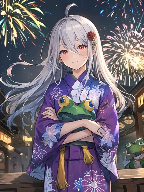 masterpiece,best quality,highres,cinematic lighting,dramatic angle,<lora:ZweiV3-000030:0.8:lbw=jiangshi3>,1girl,silver hair,long hair,red eyes,ahoge,japanese clothes,smile,head tilt,holding frog stuffed toy,happy,blush,sash,kimono,long sleeves,cowboy shot,portrait,fireworks,streetscape,depth of field,rose as hair flower,crowd,arms crossed,crossed arms