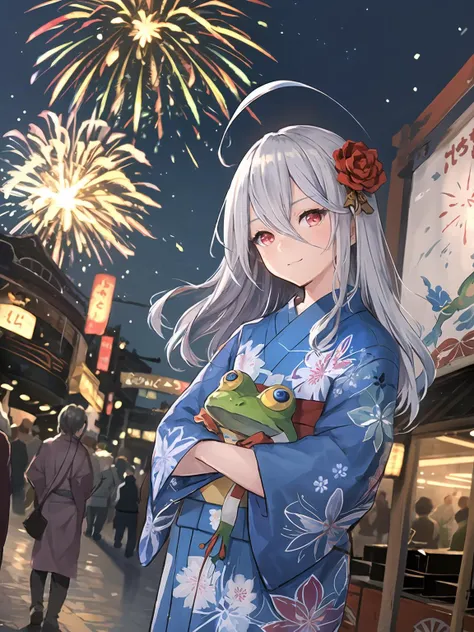 masterpiece,best quality,highres,cinematic lighting,dramatic angle,<lora:ZweiV3-000030:0.8:lbw=jiangshi3>,1girl,silver hair,long hair,red eyes,ahoge,japanese clothes,smile,head tilt,holding frog stuffed toy,happy,blush,sash,kimono,long sleeves,cowboy shot,portrait,fireworks,streetscape,depth of field,rose as hair flower,crowd,arms crossed,crossed arms