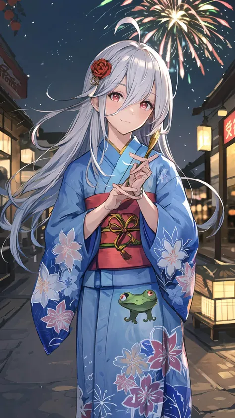 masterpiece,best quality,highres,cinematic lighting,dramatic angle,<lora:ZweiV3-000030:0.8:lbw=jiangshi3>,1girl,silver hair,long hair,red eyes,ahoge,japanese clothes,smile,head tilt,holding frog stuffed toy,happy,blush,sash,kimono,long sleeves,socks,sandals,cowboy shot,portrait,fireworks,streetscape,depth of field,rose as hair flower