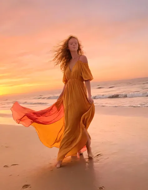 Amidst a breathtaking sunset at a serene beach with soft sand dunes, Riley Rasmussen, a free-spirited female focus, embraces her solitude as she gracefully and effortlessly poses solo on the shoreline, showcasing her flowy maxi dress adorned with vibrant hues that seamlessly blend with the colors of nature - from the warm, golden sky to the glowing ocean's waves. <lora:zzztgp18f923c5cbdpb8:1>