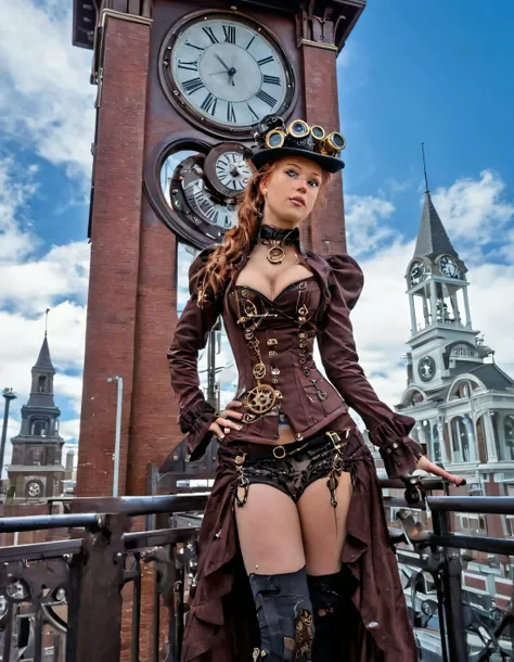 Riley Rasmussen, in the heart of a surreal, steampunk-infused city, stood gracefully beneath the watchful eye of the clock tower where her mystical outfit comprising gears and Victorian attire was meticulously designed to radiate power and embody time's energy itself, as she effortlessly struck a pose that captivated all onlookers from their cameras high above. <lora:noigrs18f92489570xe9:1>