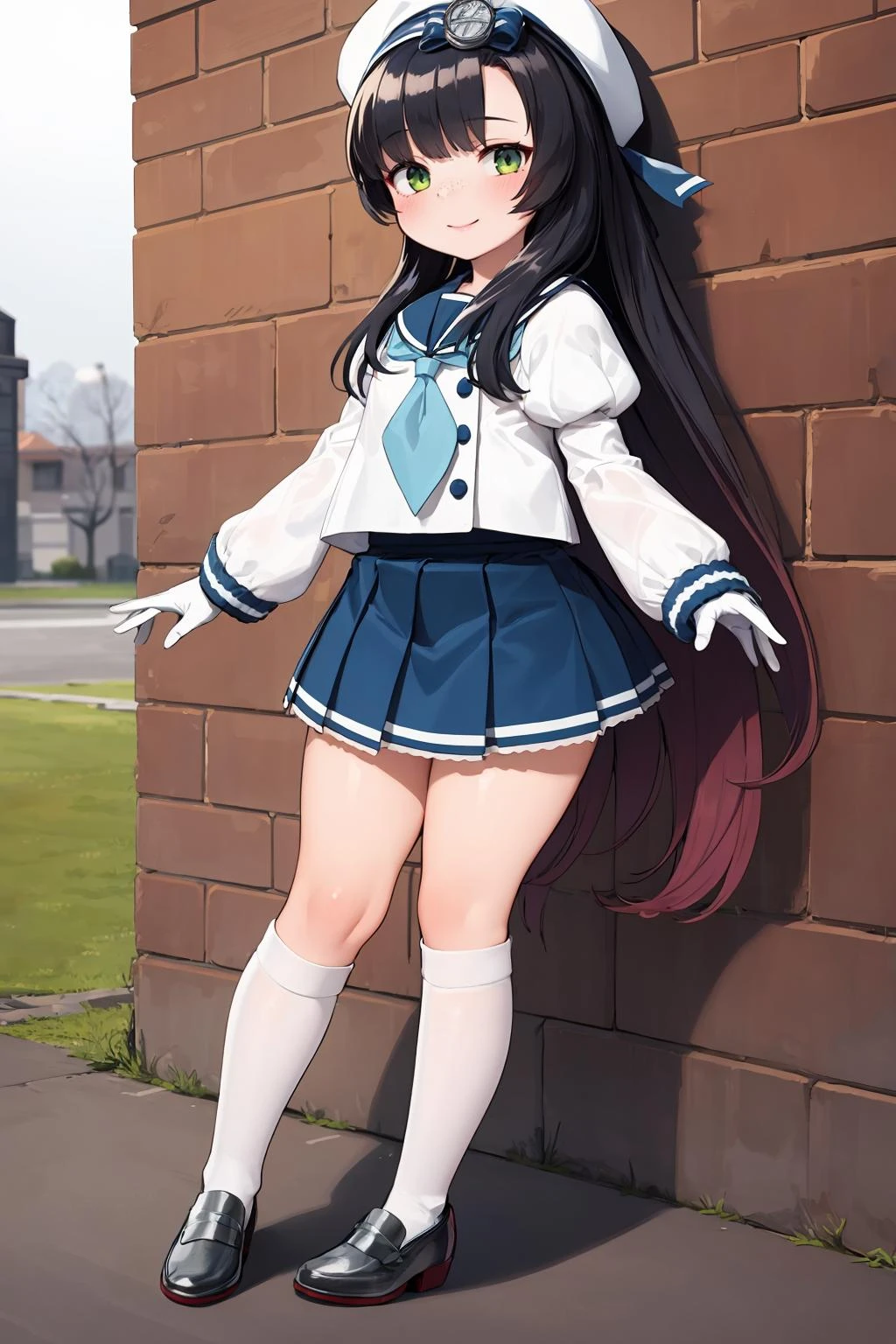 best quality, masterpiece, highly detailed, 1girl, solo, smile,
<lora:MatsuwaKancolle_V10:1>
matsuwa, freckles, very long hair,
school uniform, sailor hat, blue ribbon, blue sailor collar, blue neckerchief, juliet sleeves, long sleeves, white gloves, blue skirt, pleated skirt, kneehighs, white socks, shoes, grey footwear,
outdoors,