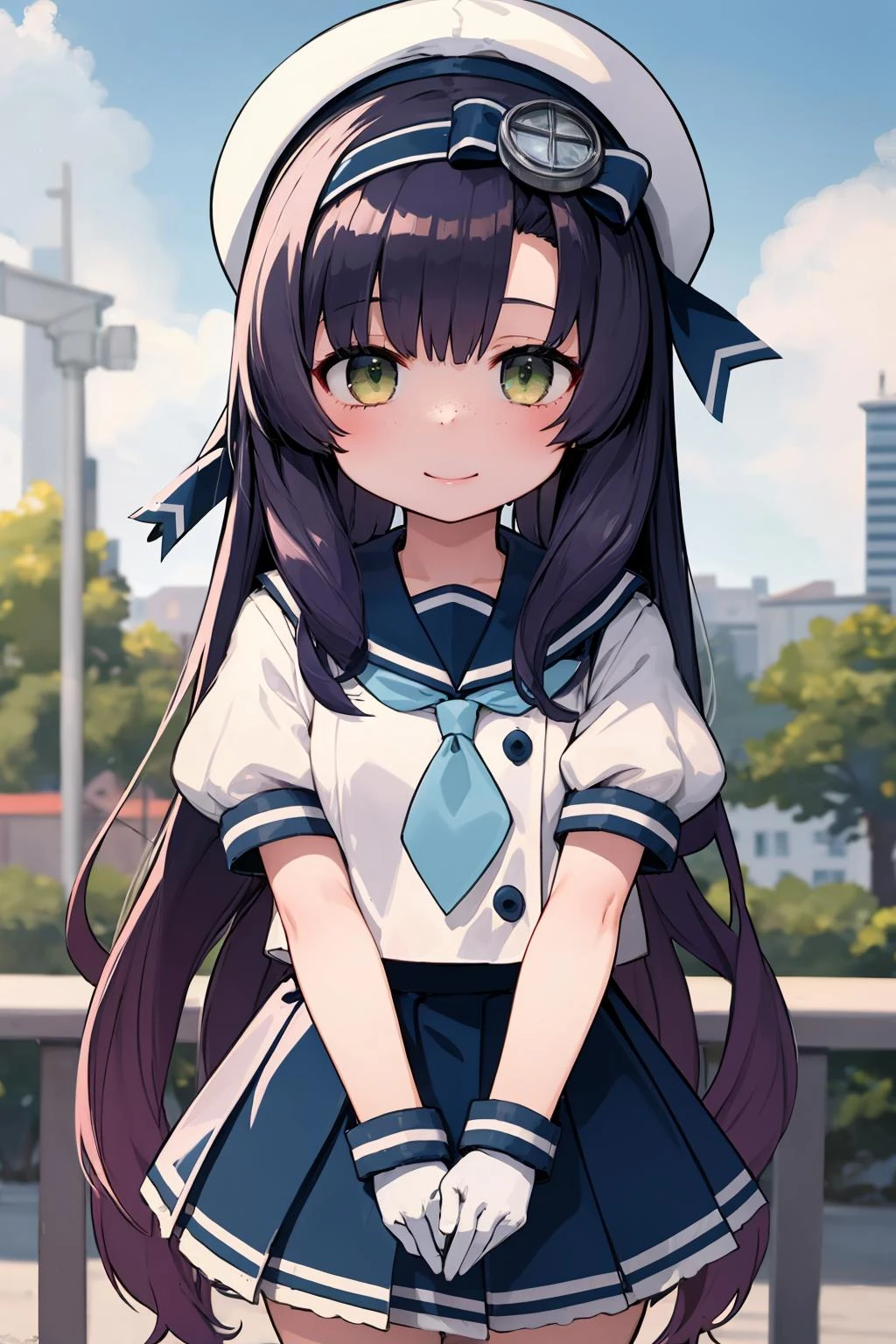 best quality, masterpiece, highly detailed, 1girl, solo, smile,
<lora:MatsuwaKancolle_V10:1>
matsuwa, freckles, very long hair, purple hair,
school uniform, sailor hat, blue ribbon, blue sailor collar, blue neckerchief, juliet sleeves, short sleeves, white gloves, blue skirt, pleated skirt,
outdoors,