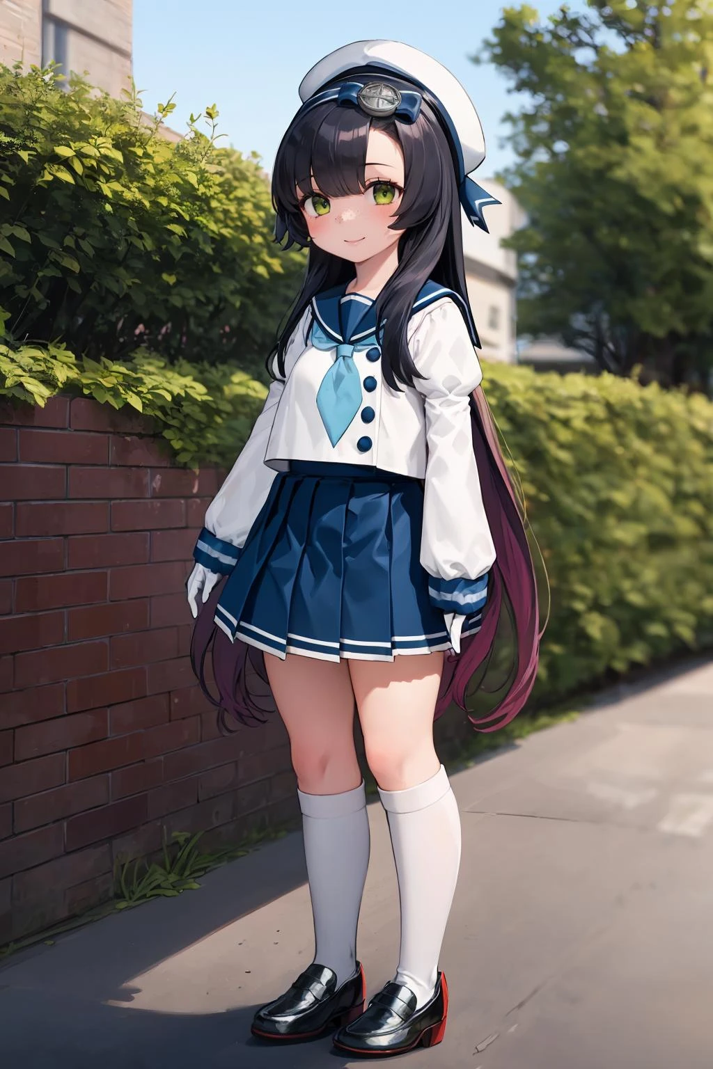 best quality, masterpiece, highly detailed, 1girl, solo, smile,
<lora:MatsuwaKancolle_V10:1>
matsuwa, freckles, very long hair,
school uniform, sailor hat, blue ribbon, blue sailor collar, blue neckerchief, juliet sleeves, long sleeves, white gloves, blue skirt, pleated skirt, kneehighs, white socks, shoes, grey footwear,
outdoors,