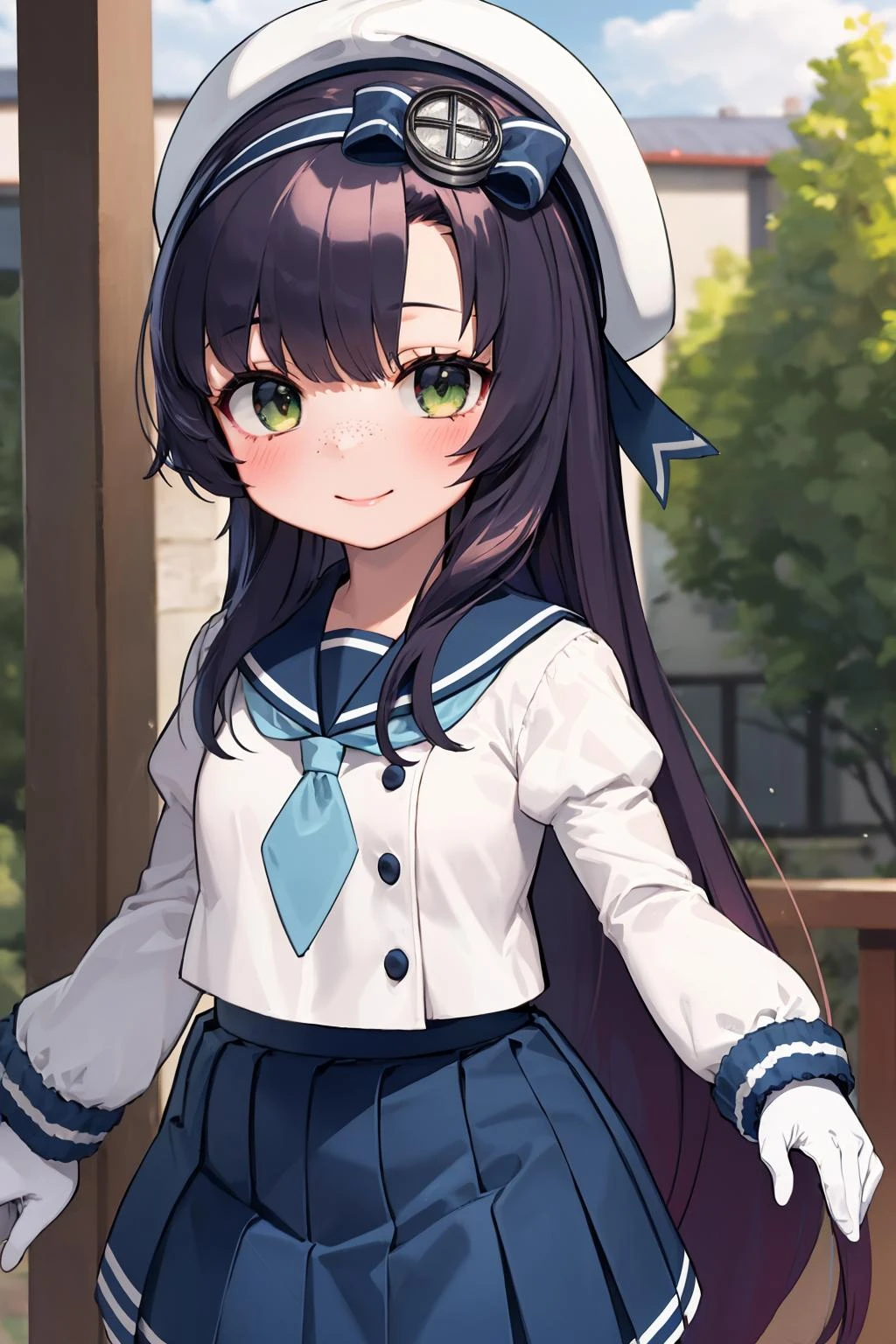 best quality, masterpiece, highly detailed, 1girl, solo, smile,
<lora:MatsuwaKancolle_V10:1>
matsuwa, freckles, very long hair, purple hair,
school uniform, sailor hat, blue ribbon, blue sailor collar, blue neckerchief, juliet sleeves, long sleeves, white gloves, blue skirt, pleated skirt,
outdoors,