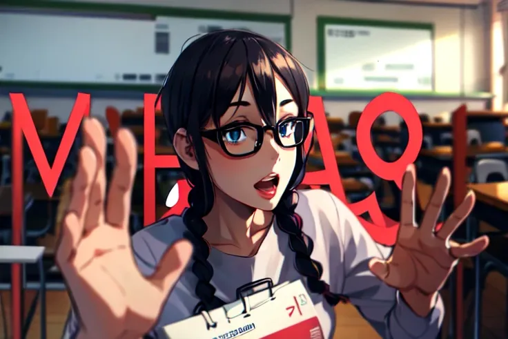 absurdres, highres, best quality, <lora:177013:0.5> 1girl, twin braids, black hair, glasses, classroom, serafuku, looking at viewer,