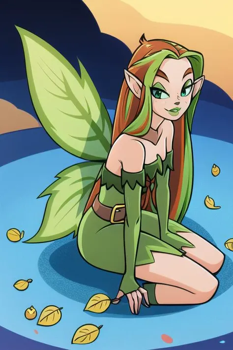 8k, high res, best quality, Illusen, 1girl, solo, looking at viewer, smile, gloves, dress, bare shoulders, sitting, braid, wings, pointy ears, elbow gloves, fingerless gloves, strapless, makeup, leaf, yokozuwari, green gloves, river, water ripple around, reeds, clear and clean water, <lora:Illusen-000014:1>