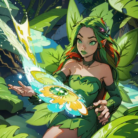 <lora:Illusen-000016> , Illusen, strapless dress, green dress, fairy wings, magic fountain, fairy world, solo, focus, water