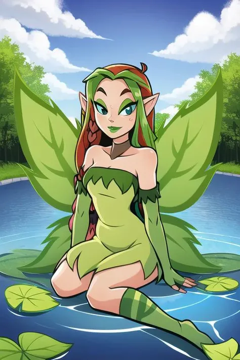 8k, high res, best quality, Illusen, 1girl, solo, looking at viewer, smile, gloves, dress, bare shoulders, sitting, braid, wings, pointy ears, elbow gloves, fingerless gloves, strapless, makeup, leaf, yokozuwari, green gloves, river, water ripple around, reeds, clear and clean water, <lora:Illusen-000010:1>