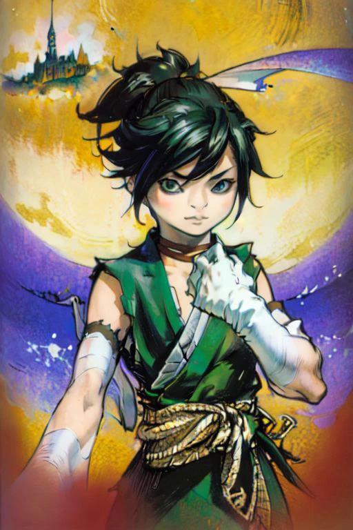 portrait, traditional media, gothic style, <lora:kojima_ayami_style_v01.10:1> ,masterpiece, nice hands, best quality, 1girl, solo, dororo, black hair, brown eyes, ponytail, short hair, flat chest, Dougi, (green dougi:1.5), ripped sleeves, sash, white sash, frayed clothes, torn bottom, tomboy, bandages, ripped clothes, standing, , japanese castle background, upper body