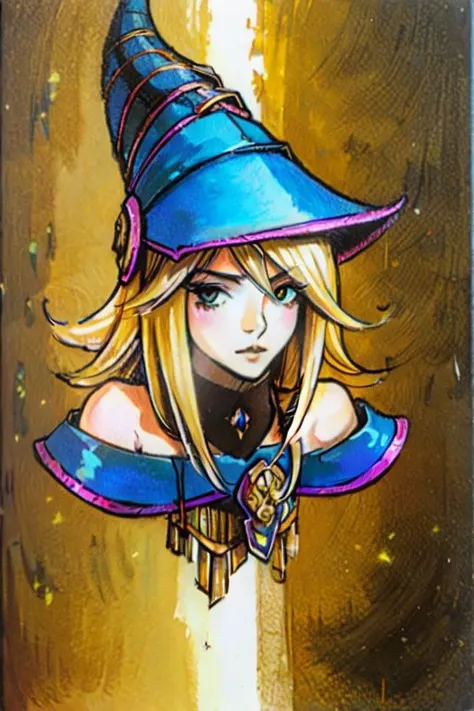 portrait, traditional media, gothic style, <lora:kojima_ayami_style_v01.10:1> ,masterpiece, nice hands, best quality, 1girl, solo, dark magician girl, long hair, blonde hair, blue headwear, wizard hat, upper body, bare shoulders, ancient Egyptian background, desert background