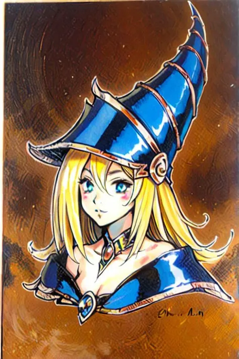 portrait, traditional media, gothic style, <lora:kojima_ayami_style_v01.10:1> ,masterpiece, nice hands, best quality, 1girl, solo, dark magician girl, long hair, blonde hair, blue headwear, wizard hat, upper body, bare shoulders, ancient Egyptian background, desert background