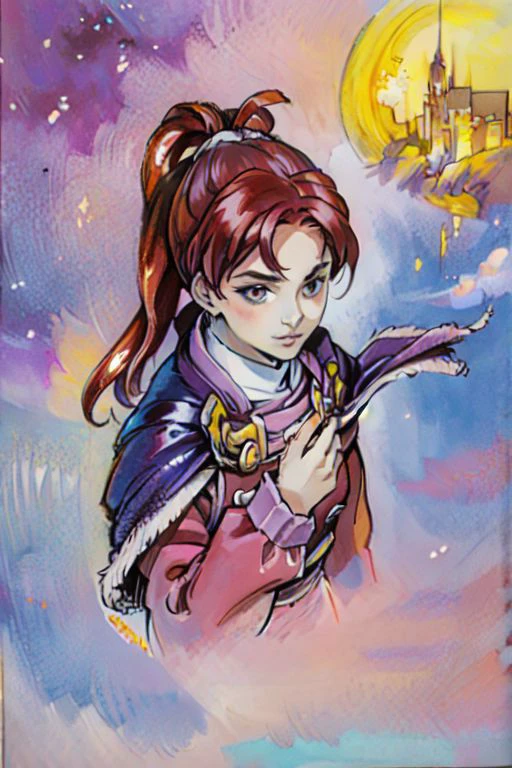 portrait, traditional media, gothic style, <lora:kojima_ayami_style_v01.10:1> ,masterpiece, nice hands, best quality, 1girl, solo, jenna, ponytail, purple cape, red shirt, vest, brown skirt, shoes, pyrokinesis , upper body, castle background