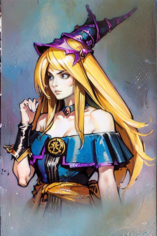 portrait, traditional media, gothic style, <lora:kojima_ayami_style_v01.10:1> ,masterpiece, nice hands, best quality, 1girl, solo, dark magician girl, long hair, blonde hair, blue headwear, wizard hat, upper body, (bare shoulders:1.5), pentacle, ancient Egyptian background, desert background, teasing