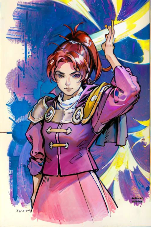 portrait, traditional media, <lora:kojima_ayami_style_v01.10:1> ,masterpiece, nice hands, best quality, 1girl, solo, jenna, ponytail, purple cape, red shirt, vest, brown skirt, shoes, pyrokinesis , upper body, angkor ruins