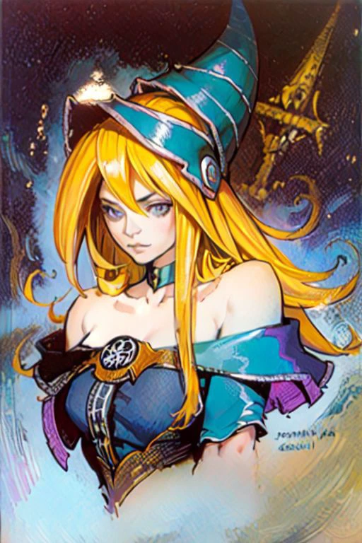 portrait, traditional media, gothic style, <lora:kojima_ayami_style_v01.10:1> ,masterpiece, nice hands, best quality, 1girl, solo, dark magician girl, long hair, blonde hair, blue headwear, wizard hat, upper body, (bare shoulders:1.5), pentacle, ancient Egyptian background, desert background, teasing