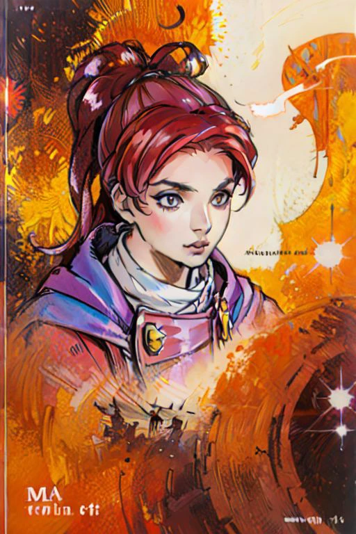portrait, traditional media, <lora:kojima_ayami_style_v01.10:1> ,masterpiece, nice hands, best quality, 1girl, solo, jenna, ponytail, purple cape, red shirt, vest, brown skirt, shoes, pyrokinesis , upper body, angkor ruins