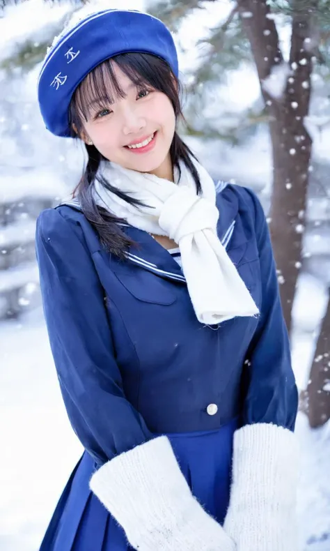woman,moyou, solo, school uniform, hat, skirt, serafuku, outdoors, snow, pleated skirt, smile, sailor collar, looking at viewer, tree, black hair, blue headwear, blue shirt, blurry, blue skirt, long sleeves, day, short hair, blurry background, winter, white neckerchief, teeth, scarf, neckerchief, white scarf, gloves, mittens, bangs, lips, A Beautiful Chinese Woman