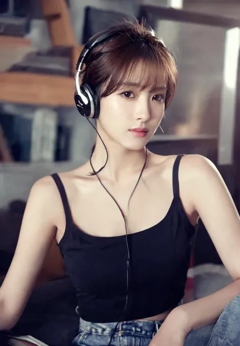 Realistic photos of (1 cute Korean star) hair over one eye, thin makeup, 32 inch breasts size, wearing purple tank top, wearing headphone , in the office, close-up portrait, UHD